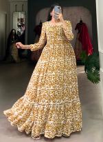 Georgette Mustard Casual Wear Printed Readymade Gown